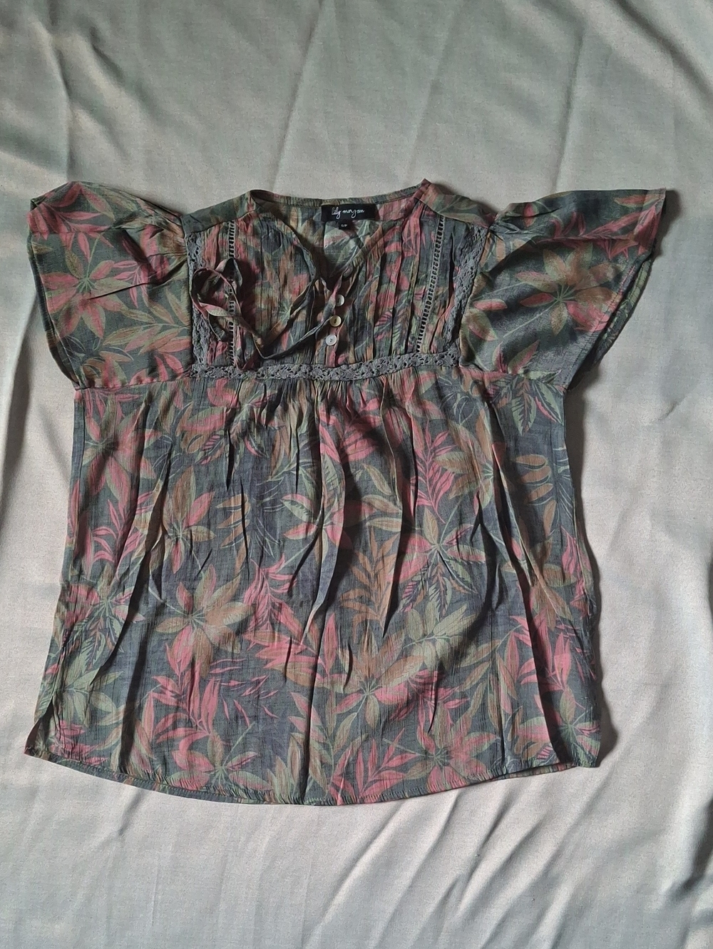Lily Morgan Boho Floral Pintuck Blouse Pink Green S/P
